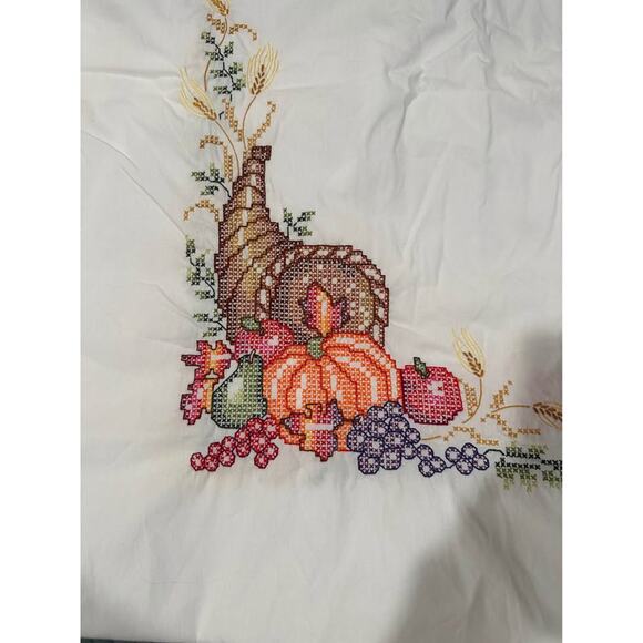 Vintage Hand Embroidered Thanksgiving Tablecloth | 58” x 100” - Picture 3 of 5